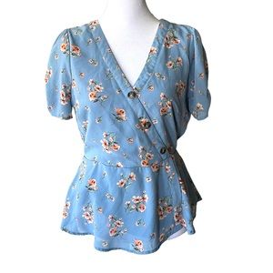 Vtg Y2K Sweet Wanderer Powder Blue Cherry Blossom Floral Print Peplum Blouse S